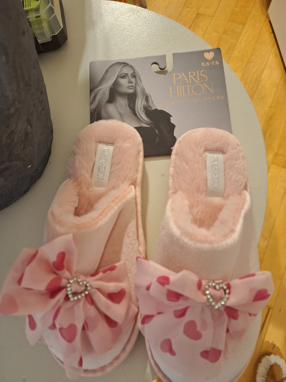 Paris Hilton Pink Heart Bow Plush Slippers